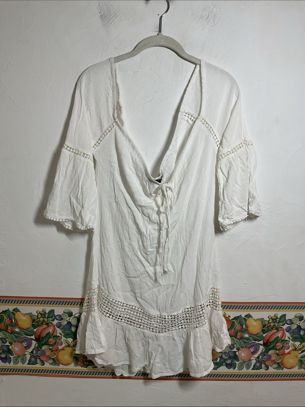 Backwoods White Boho Crochet Lace Swim Cover Up Dress Bell Sleeve Size M